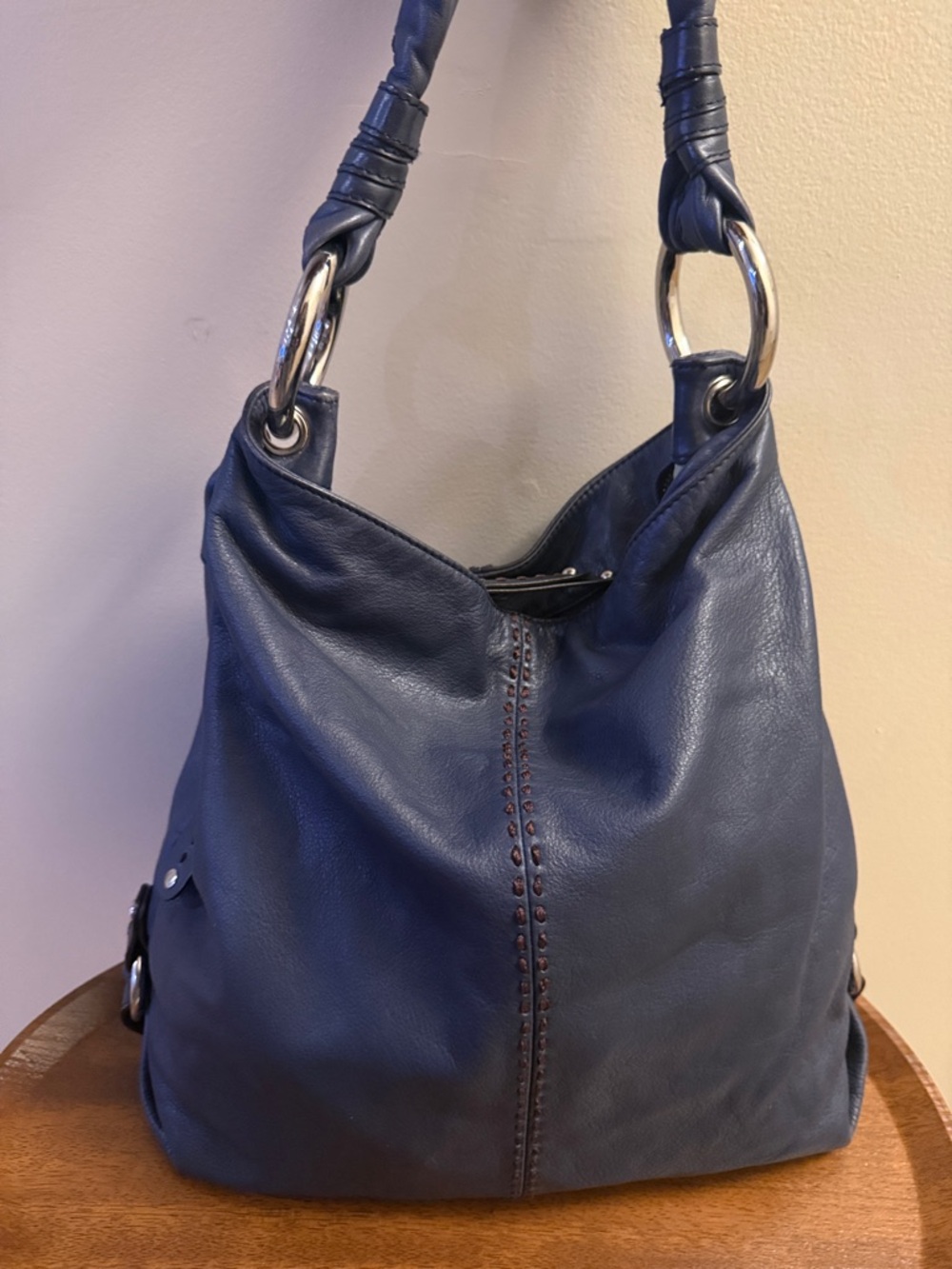 b. makowsky Navy Leather Shoulder Bag with Silver Rings